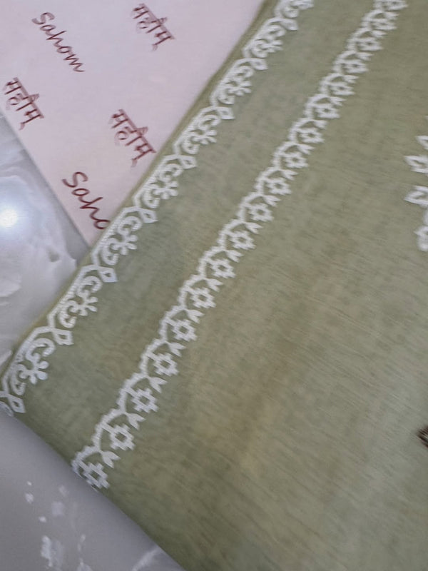 Pure mul chanderi semi stitched kurta and dupatta with laser cut work and parsi work.