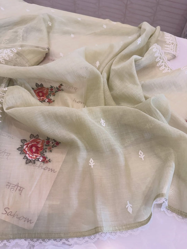 Pure mul chanderi semi stitched kurta and dupatta with laser cut work and parsi work.