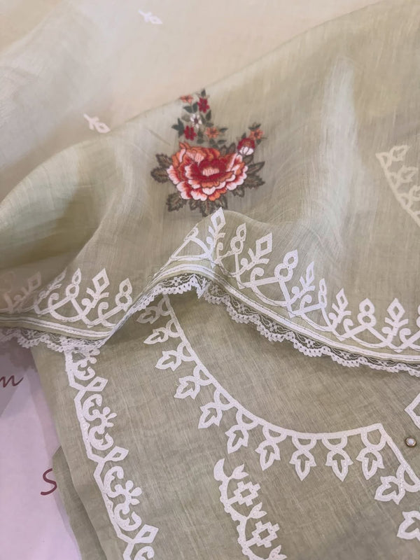 Pure mul chanderi semi stitched kurta and dupatta with laser cut work and parsi work.