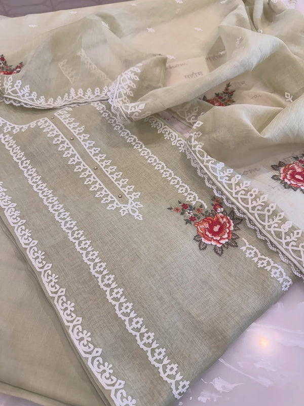 Pure mul chanderi semi stitched kurta and dupatta with laser cut work and parsi work.