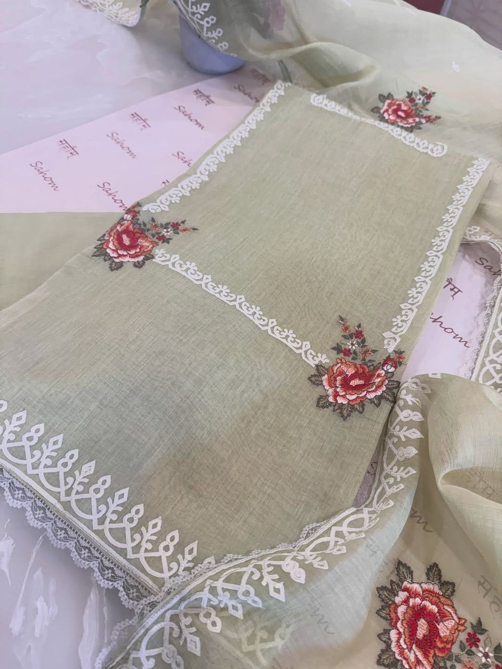 Pure Mul Chanderi Semi-Stitched Laser Cut & Parsi Work Suit Set
