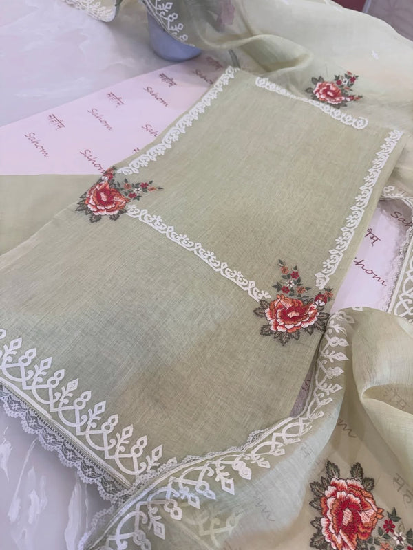 Pure mul chanderi semi stitched kurta and dupatta with laser cut work and parsi work.