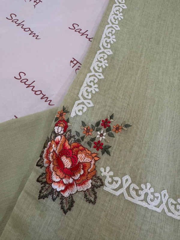 Pure mul chanderi semi stitched kurta and dupatta with laser cut work and parsi work.