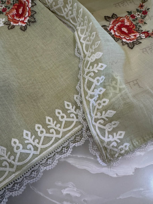 Pure mul chanderi semi stitched kurta and dupatta with laser cut work and parsi work.