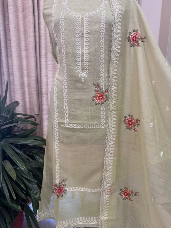 Pure mul chanderi semi stitched kurta and dupatta with laser cut work and parsi work.