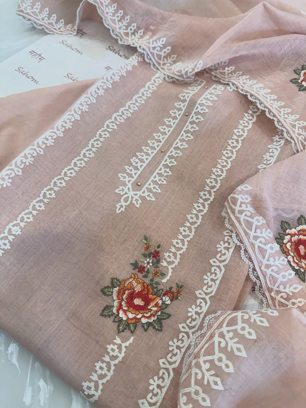 Pure mul chanderi semi stitched kurta and dupatta with laser cut work and parsi work.