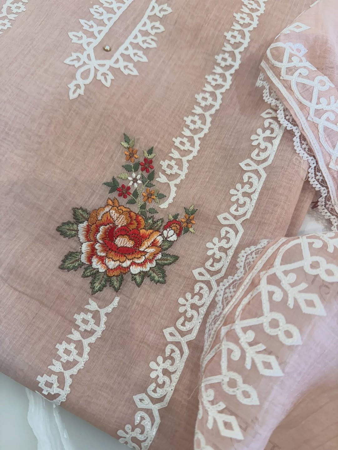 Pure Mul Chanderi Semi-Stitched Laser Cut & Parsi Work Suit Set