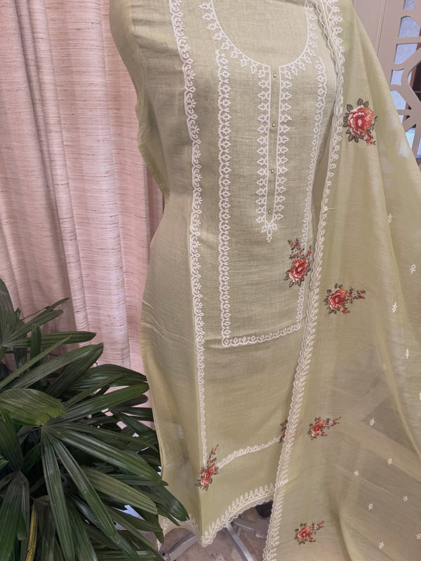 Pure mul chanderi semi stitched kurta and dupatta with laser cut work and parsi work.