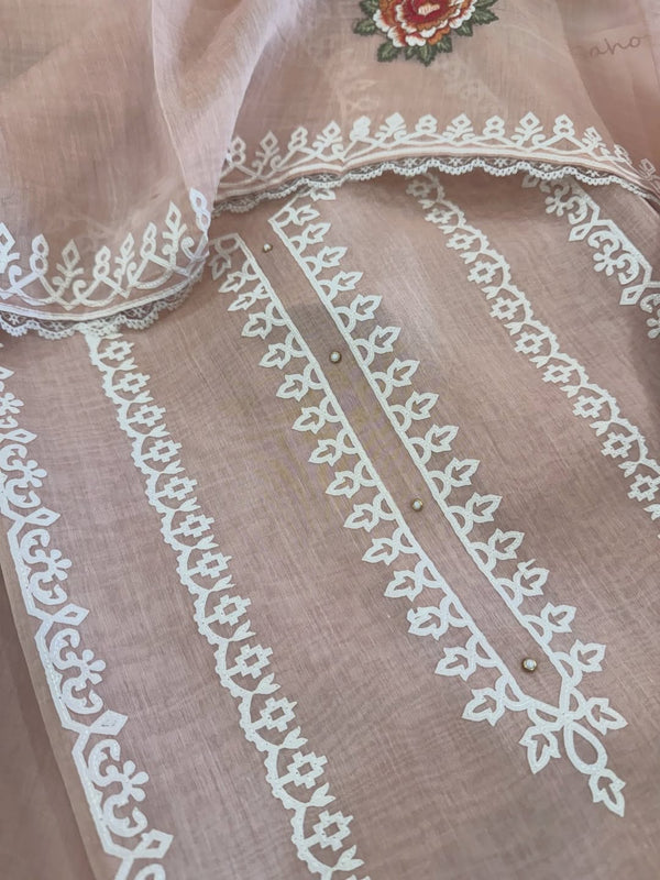 Pure mul chanderi semi stitched kurta and dupatta with laser cut work and parsi work.