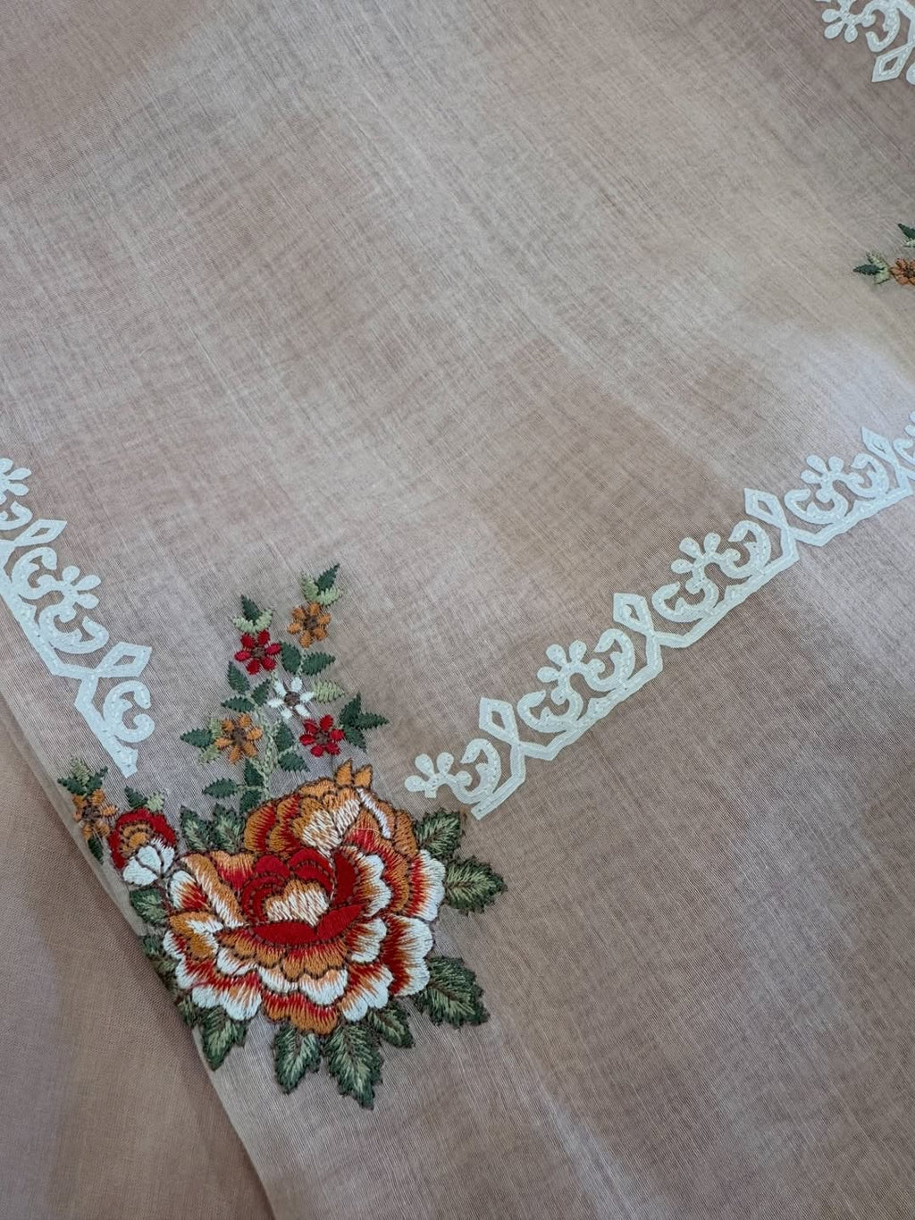 Pure Mul Chanderi Semi-Stitched Laser Cut & Parsi Work Suit Set