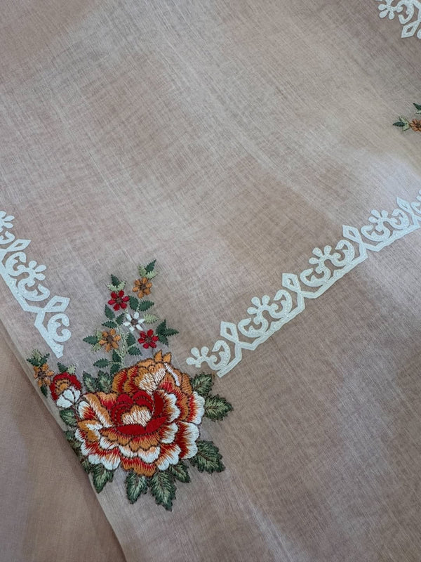 Pure mul chanderi semi stitched kurta and dupatta with laser cut work and parsi work.