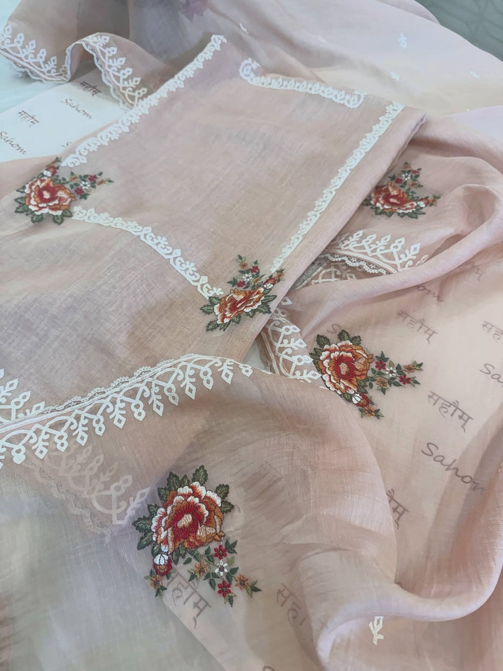 Pure Mul Chanderi Semi-Stitched Laser Cut & Parsi Work Suit Set