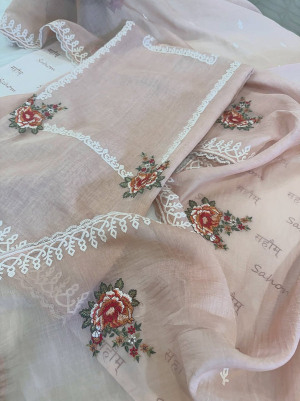 Pure mul chanderi semi stitched kurta and dupatta with laser cut work and parsi work.