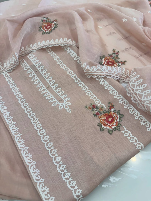Pure mul chanderi semi stitched kurta and dupatta with laser cut work and parsi work.