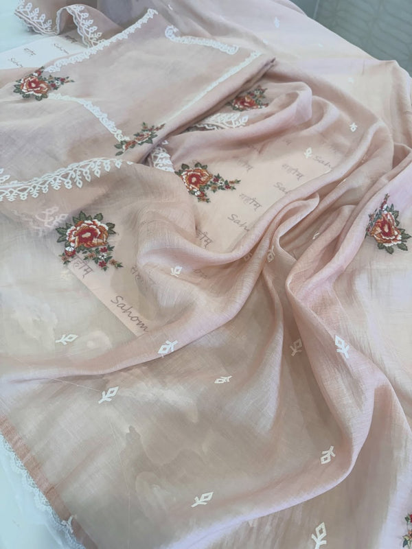 Pure mul chanderi semi stitched kurta and dupatta with laser cut work and parsi work.