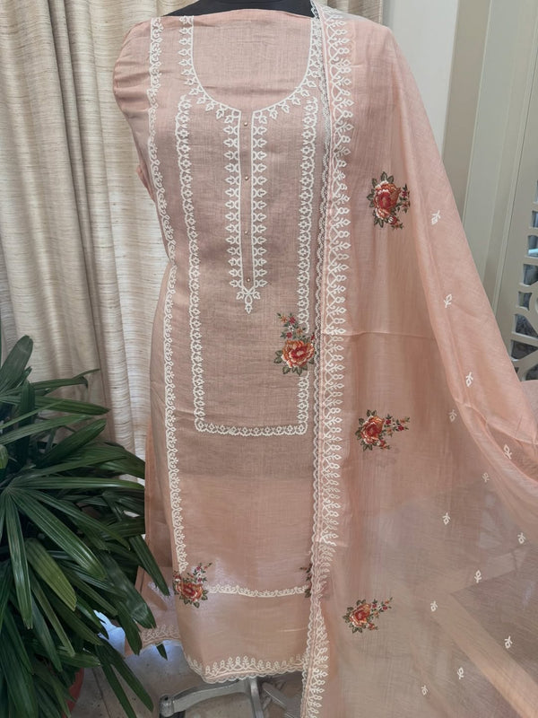 Pure mul chanderi semi stitched kurta and dupatta with laser cut work and parsi work.