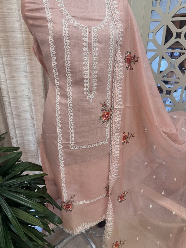 Pure mul chanderi semi stitched kurta and dupatta with laser cut work and parsi work.